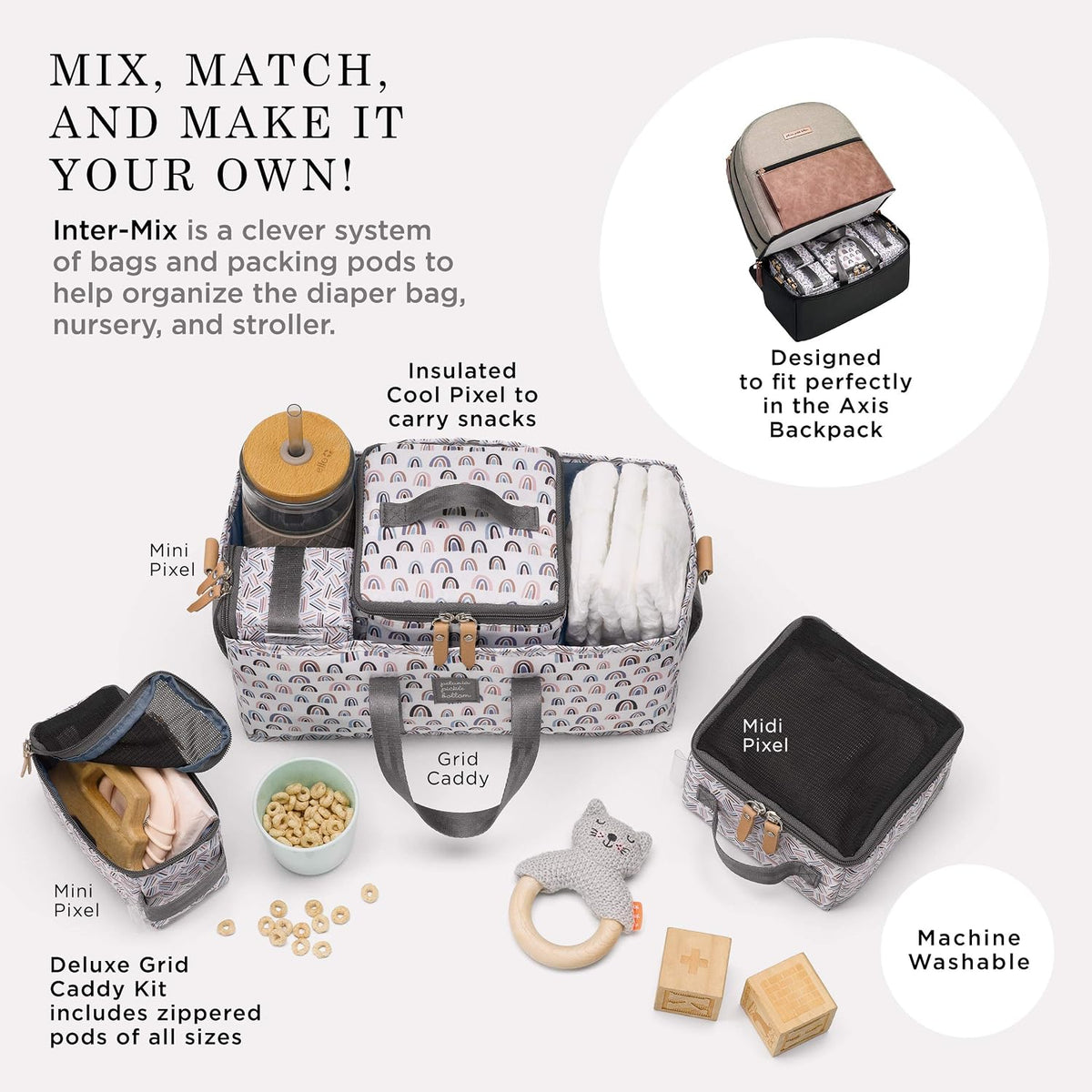 Deluxe Kit, 3-in-1 Grid Caddy Organizer, Lightweight Packing Cubes, Organize Diaper Bag, Stroller, Nursery, Unity