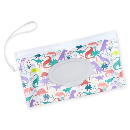 Travel Wipes Case - Reusable Wipe Pouch – Take & Travel Pouch Holds Up to 30 Wet Wipes, Includes Silicone Wristlet Strap, Darling Dinosaurs