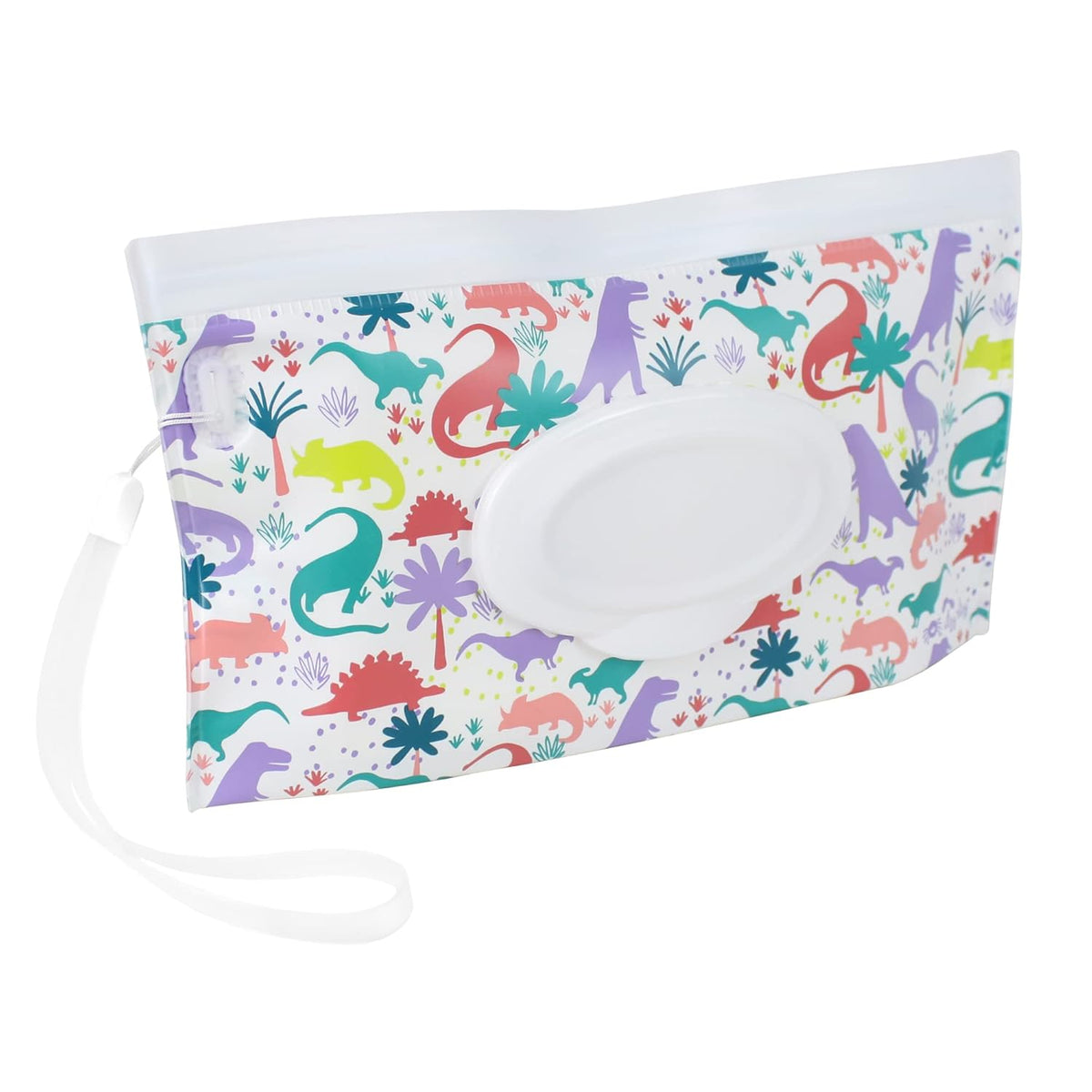 Travel Wipes Case - Reusable Wipe Pouch – Take & Travel Pouch Holds Up to 30 Wet Wipes, Includes Silicone Wristlet Strap, Darling Dinosaurs