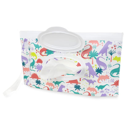 Travel Wipes Case - Reusable Wipe Pouch – Take & Travel Pouch Holds Up to 30 Wet Wipes, Includes Silicone Wristlet Strap, Darling Dinosaurs