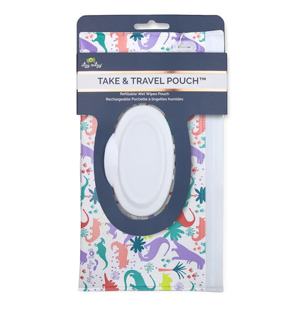 Travel Wipes Case - Reusable Wipe Pouch – Take & Travel Pouch Holds Up to 30 Wet Wipes, Includes Silicone Wristlet Strap, Darling Dinosaurs