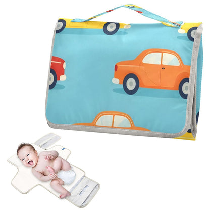 Cute Car Portable Diaper Changing Pad, Waterproof Baby Changing Mat with Storage Pocket & Built-in Pillow, Foldable Travel Pad, Newborn Gift Set for Boy Girl