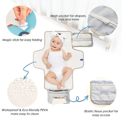 Cute Car Portable Diaper Changing Pad, Waterproof Baby Changing Mat with Storage Pocket & Built-in Pillow, Foldable Travel Pad, Newborn Gift Set for Boy Girl