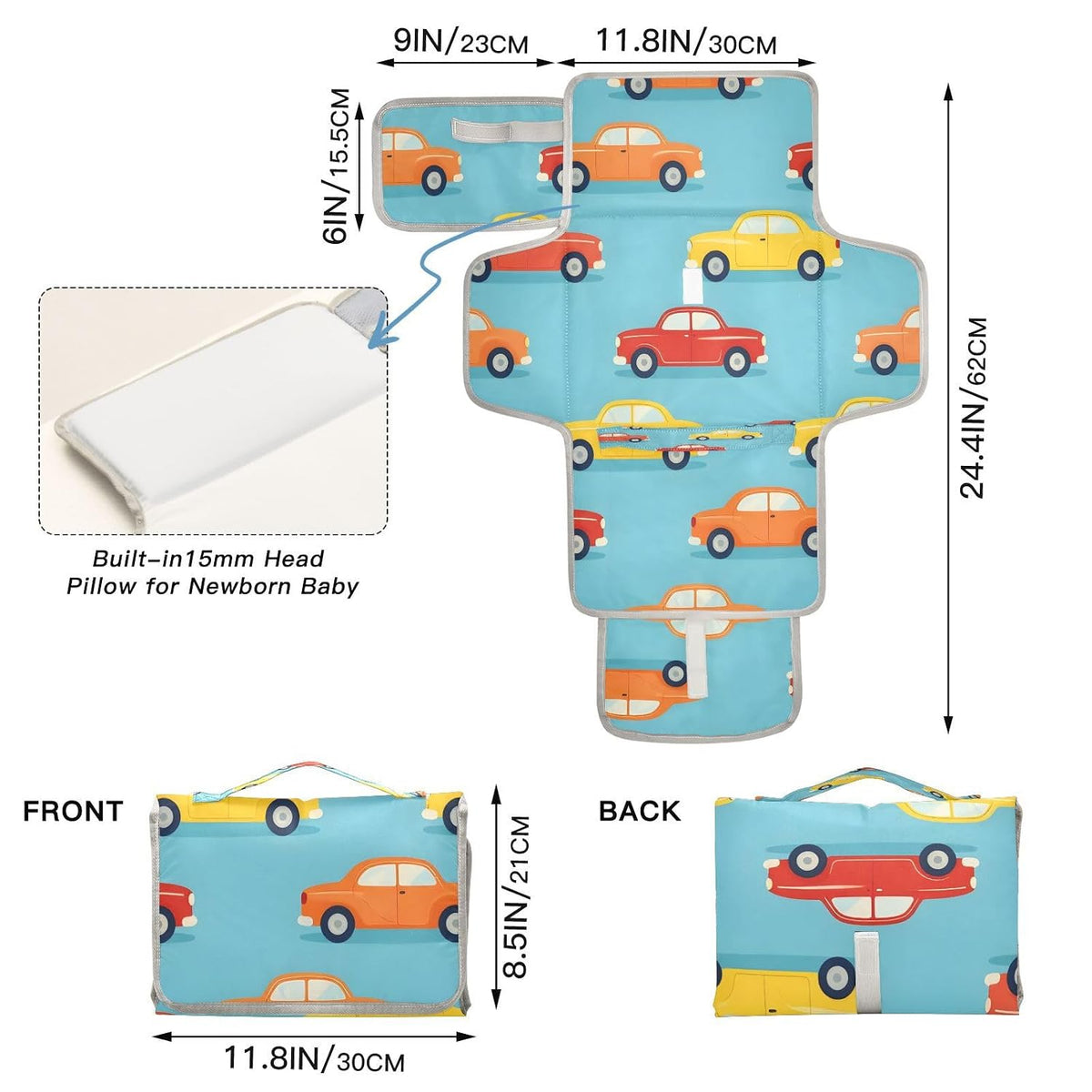 Cute Car Portable Diaper Changing Pad, Waterproof Baby Changing Mat with Storage Pocket & Built-in Pillow, Foldable Travel Pad, Newborn Gift Set for Boy Girl