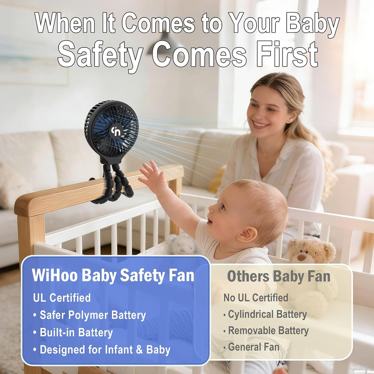WiHoo Portable , 10H Ultra-long Battery Life 3 Speed 360°Rotate, USB Rechargeable or Battery Operated Cooling Clip On Personal Fan for Baby Crib Travel Car Seat Black