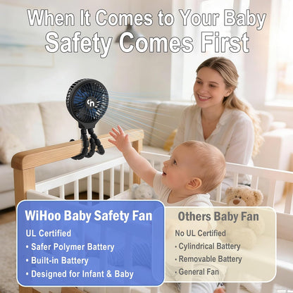 WiHoo Portable , 10H Ultra-long Battery Life 3 Speed 360°Rotate, USB Rechargeable or Battery Operated Cooling Clip On Personal Fan for Baby Crib Travel Car Seat Black