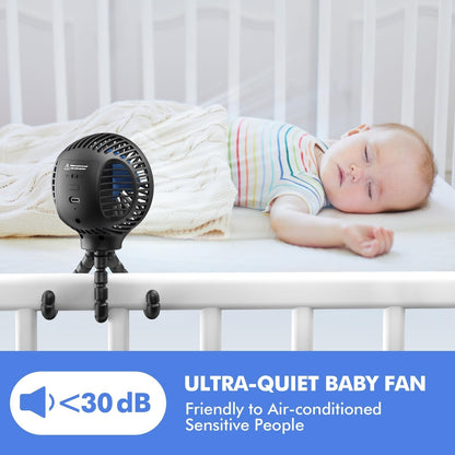 WiHoo Portable , 10H Ultra-long Battery Life 3 Speed 360°Rotate, USB Rechargeable or Battery Operated Cooling Clip On Personal Fan for Baby Crib Travel Car Seat Black