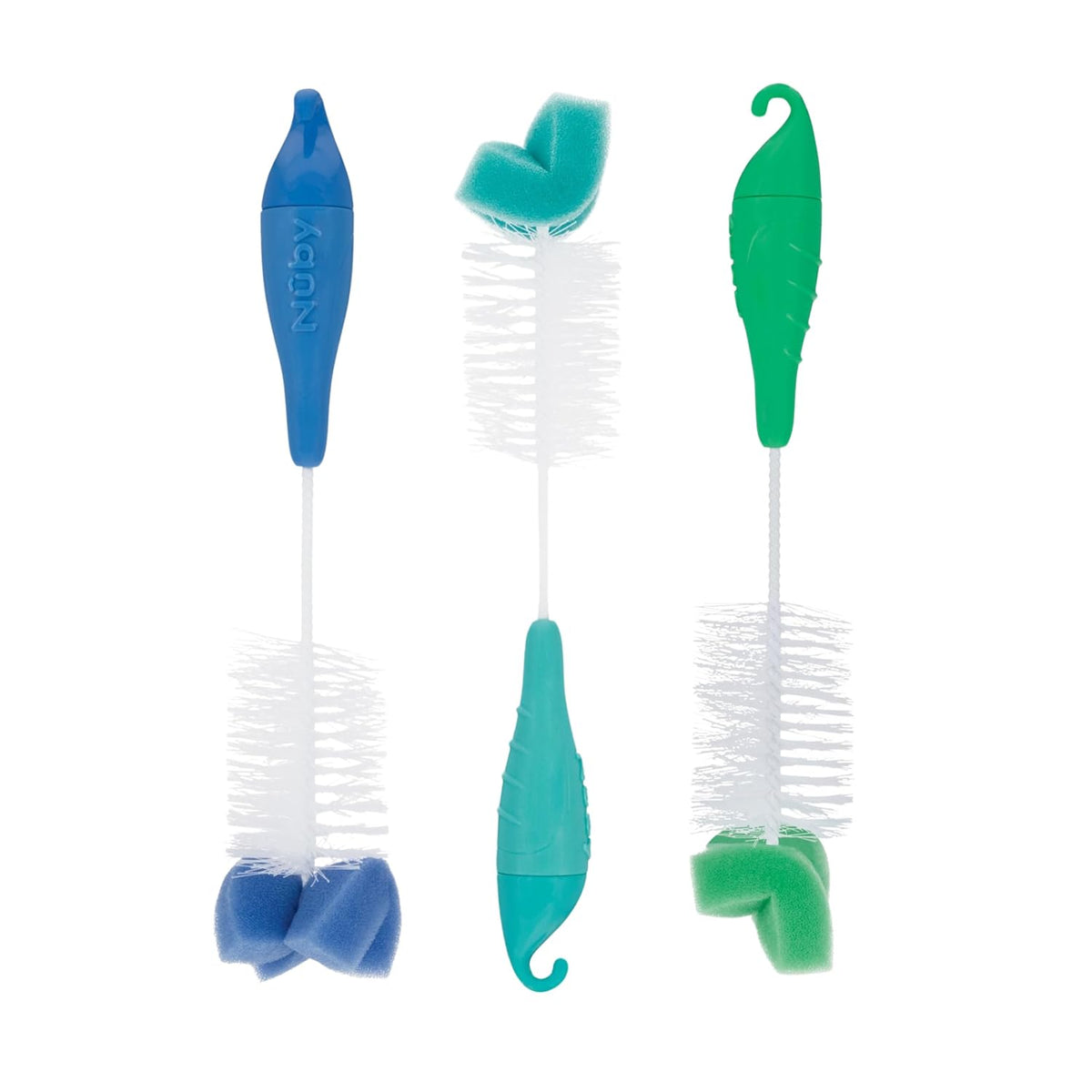 Nuby Bottle and Nipple Brush with Bristles and Sponge Tip | : Aqua, Blue, Lime or Aqua, Coral, Lime | Hanging Handle with Hook for Drying