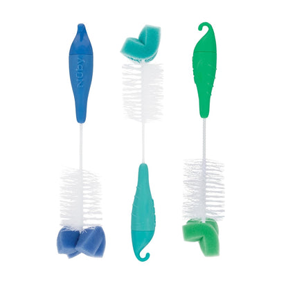 Nuby Bottle and Nipple Brush with Bristles and Sponge Tip | : Aqua, Blue, Lime or Aqua, Coral, Lime | Hanging Handle with Hook for Drying