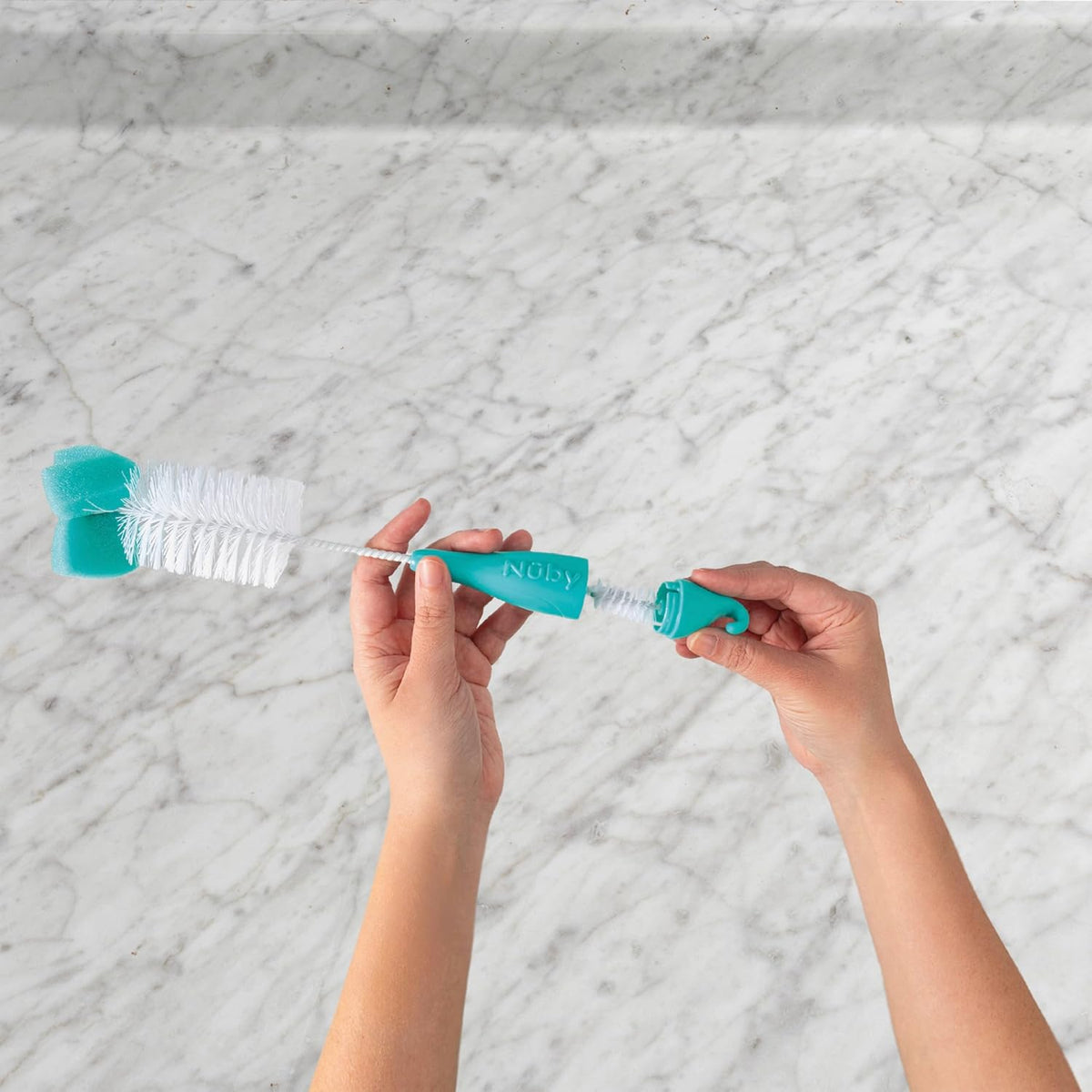 Nuby Bottle and Nipple Brush with Bristles and Sponge Tip | : Aqua, Blue, Lime or Aqua, Coral, Lime | Hanging Handle with Hook for Drying