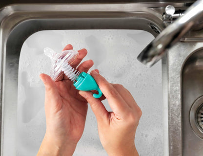 Nuby Bottle and Nipple Brush with Bristles and Sponge Tip | : Aqua, Blue, Lime or Aqua, Coral, Lime | Hanging Handle with Hook for Drying
