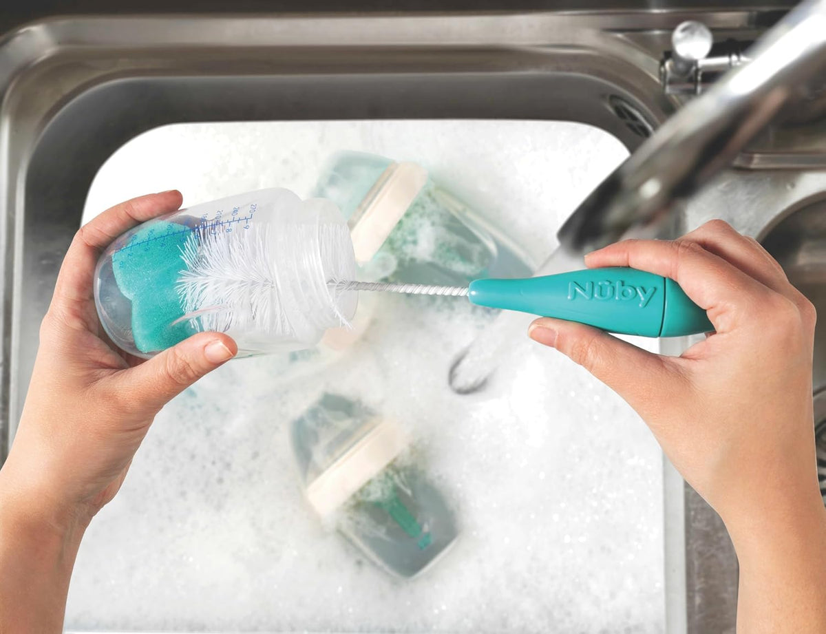 Nuby Bottle and Nipple Brush with Bristles and Sponge Tip | : Aqua, Blue, Lime or Aqua, Coral, Lime | Hanging Handle with Hook for Drying
