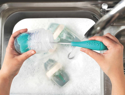 Nuby Bottle and Nipple Brush with Bristles and Sponge Tip | : Aqua, Blue, Lime or Aqua, Coral, Lime | Hanging Handle with Hook for Drying