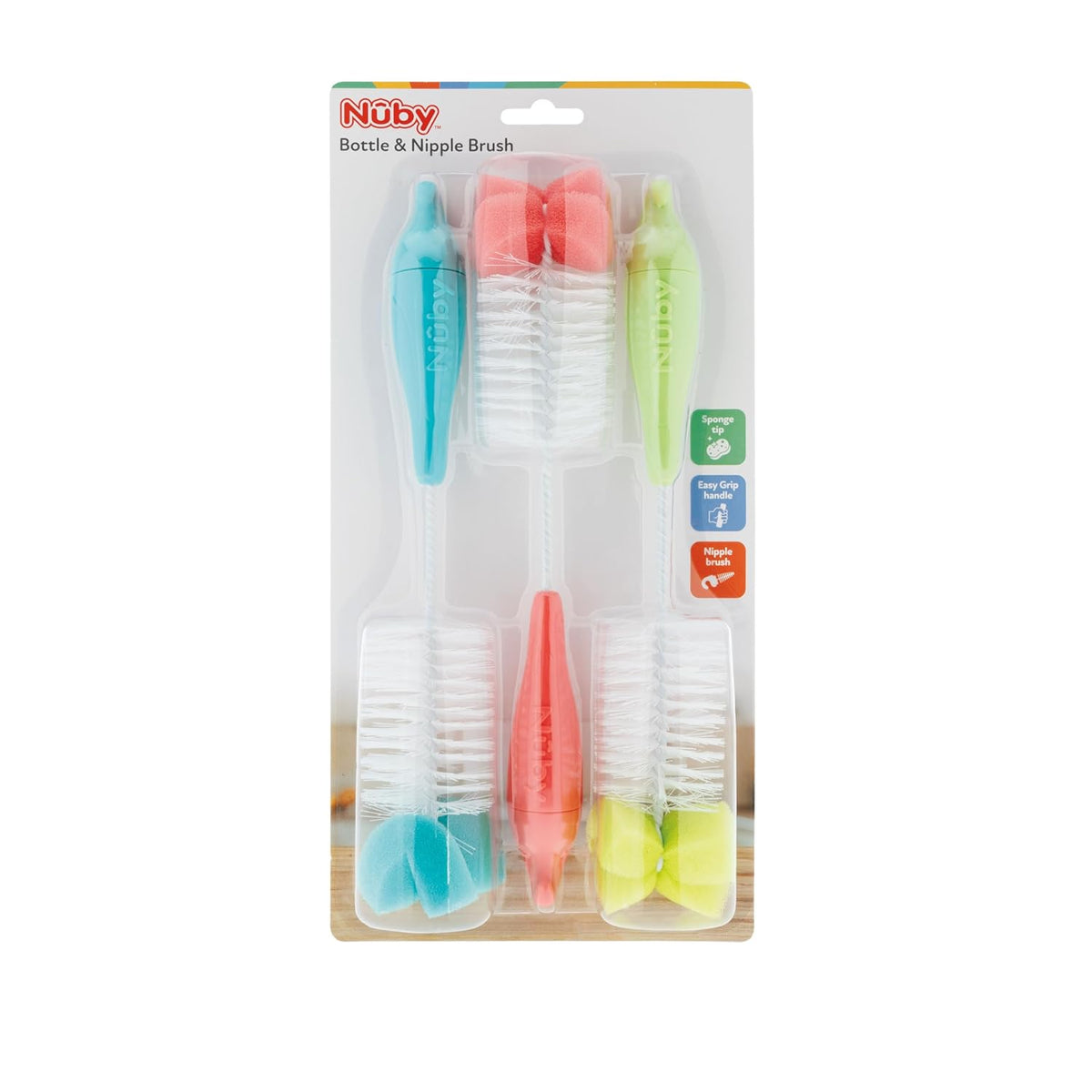 Nuby Bottle and Nipple Brush with Bristles and Sponge Tip | : Aqua, Blue, Lime or Aqua, Coral, Lime | Hanging Handle with Hook for Drying
