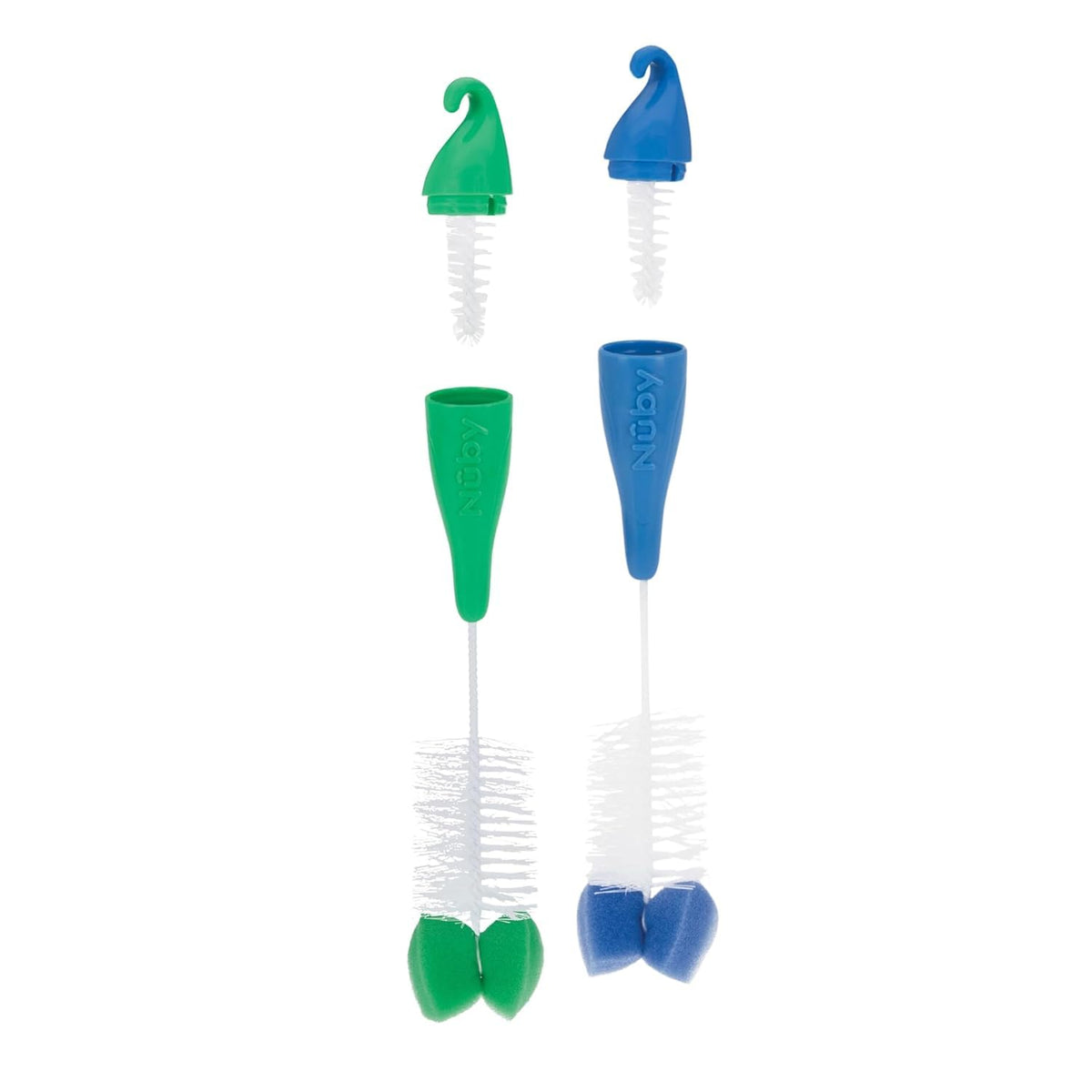 Nuby Bottle and Nipple Brush with Bristles and Sponge Tip | : Aqua, Blue, Lime or Aqua, Coral, Lime | Hanging Handle with Hook for Drying