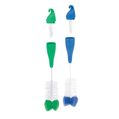 Nuby Bottle and Nipple Brush with Bristles and Sponge Tip | : Aqua, Blue, Lime or Aqua, Coral, Lime | Hanging Handle with Hook for Drying