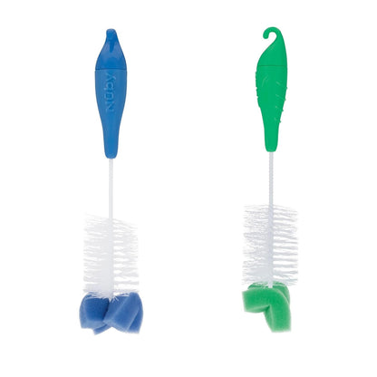 Nuby Bottle and Nipple Brush with Bristles and Sponge Tip | : Aqua, Blue, Lime or Aqua, Coral, Lime | Hanging Handle with Hook for Drying