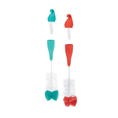 Nuby Bottle and Nipple Brush with Bristles and Sponge Tip | : Aqua, Blue, Lime or Aqua, Coral, Lime | Hanging Handle with Hook for Drying