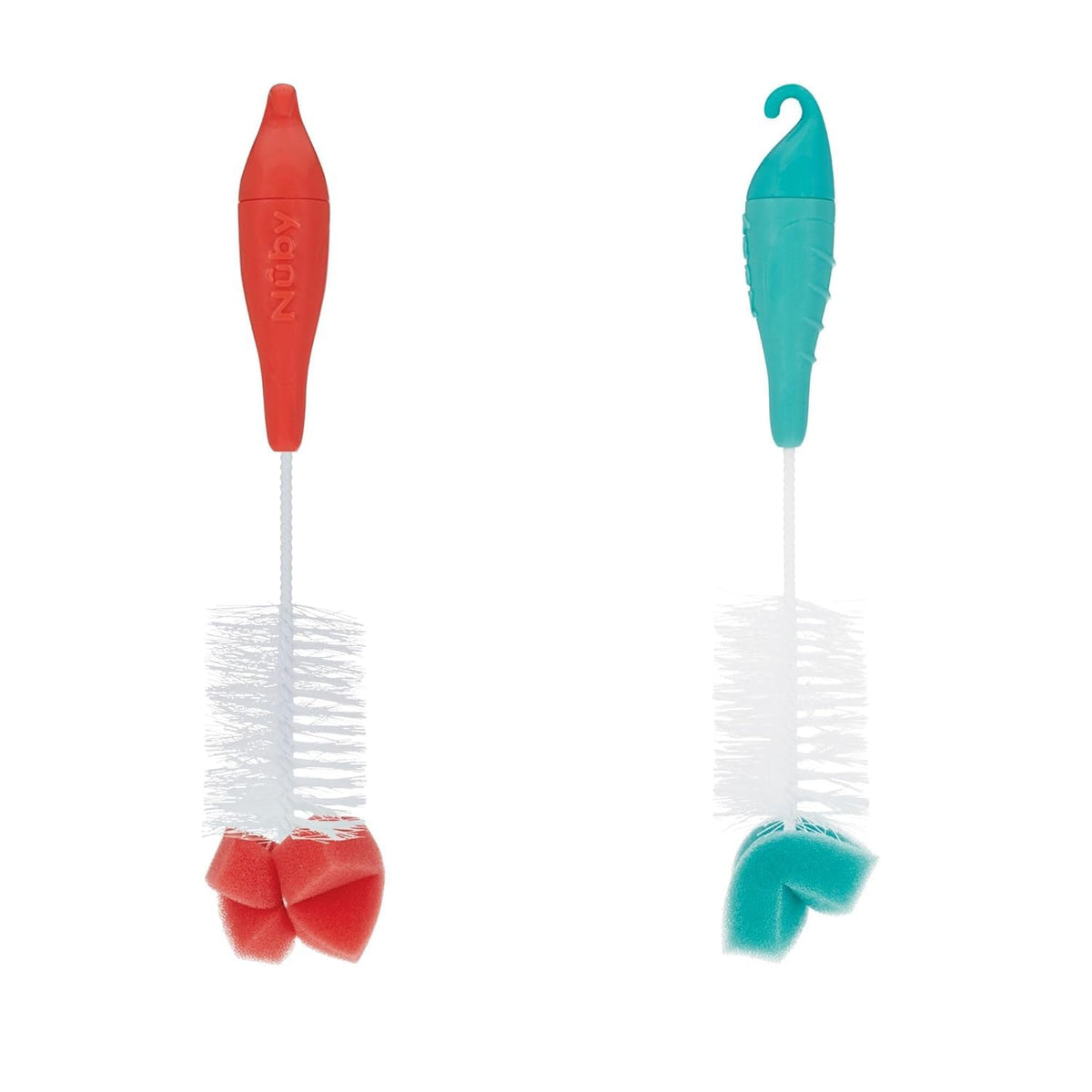 Nuby Bottle and Nipple Brush with Bristles and Sponge Tip | : Aqua, Blue, Lime or Aqua, Coral, Lime | Hanging Handle with Hook for Drying