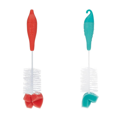 Nuby Bottle and Nipple Brush with Bristles and Sponge Tip | : Aqua, Blue, Lime or Aqua, Coral, Lime | Hanging Handle with Hook for Drying