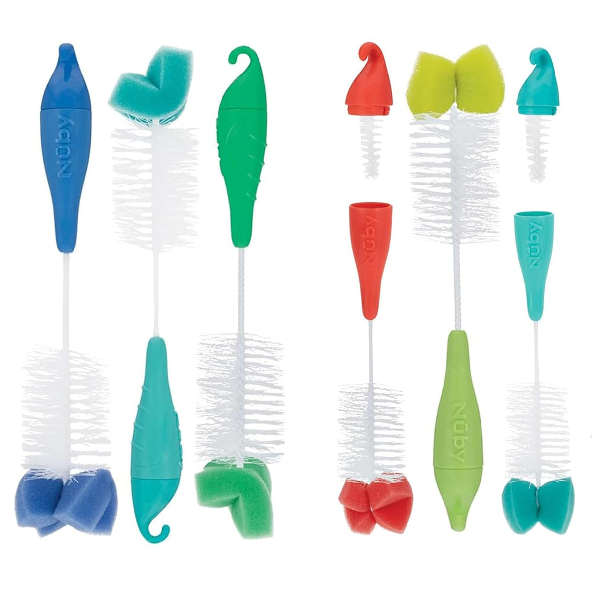 Nuby Bottle and Nipple Brush with Bristles and Sponge Tip | : Aqua, Blue, Lime or Aqua, Coral, Lime | Hanging Handle with Hook for Drying