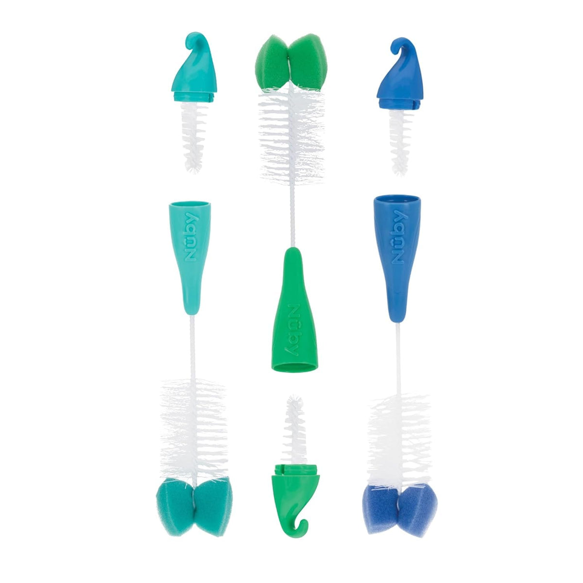 Nuby Bottle and Nipple Brush with Bristles and Sponge Tip | : Aqua, Blue, Lime or Aqua, Coral, Lime | Hanging Handle with Hook for Drying