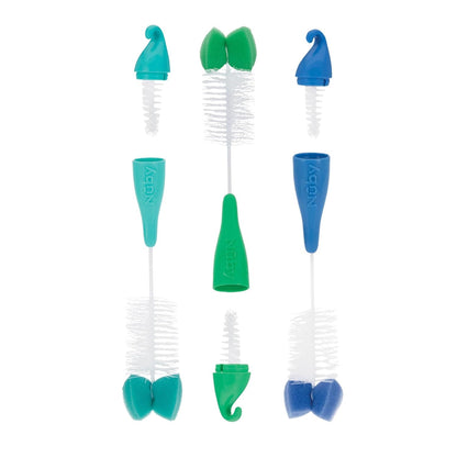 Nuby Bottle and Nipple Brush with Bristles and Sponge Tip | : Aqua, Blue, Lime or Aqua, Coral, Lime | Hanging Handle with Hook for Drying