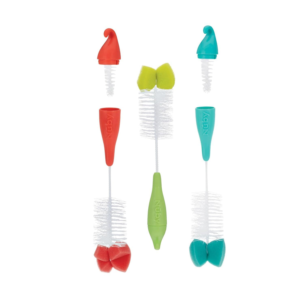 Nuby Bottle and Nipple Brush with Bristles and Sponge Tip | : Aqua, Blue, Lime or Aqua, Coral, Lime | Hanging Handle with Hook for Drying