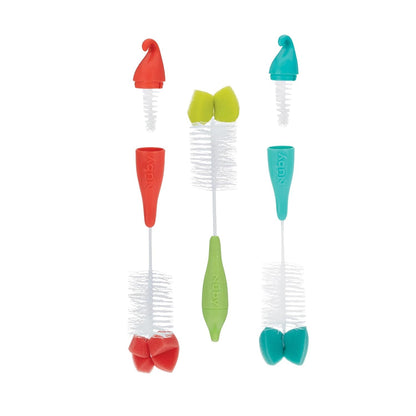Nuby Bottle and Nipple Brush with Bristles and Sponge Tip | : Aqua, Blue, Lime or Aqua, Coral, Lime | Hanging Handle with Hook for Drying