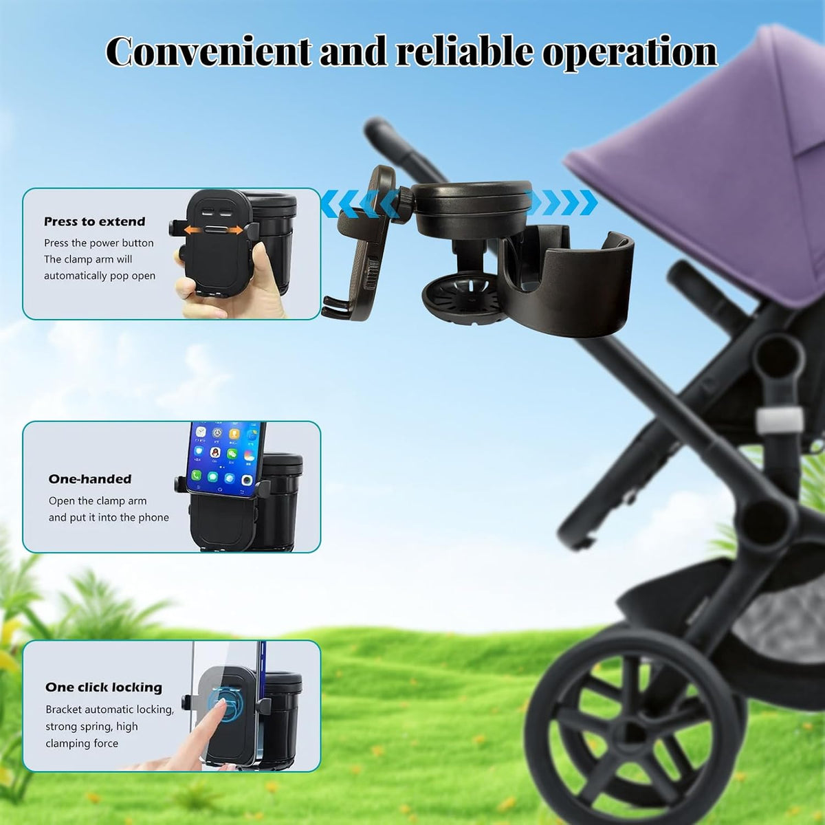 Stroller Cup Holder Attachment with Phone Holder, 3 in 1 Universal Baby Stroller, Bike, Wheelchair, Walker, Scooter Water Bottle Drink Holder Accessories for Most Donna, Uppababy, Bugaboo