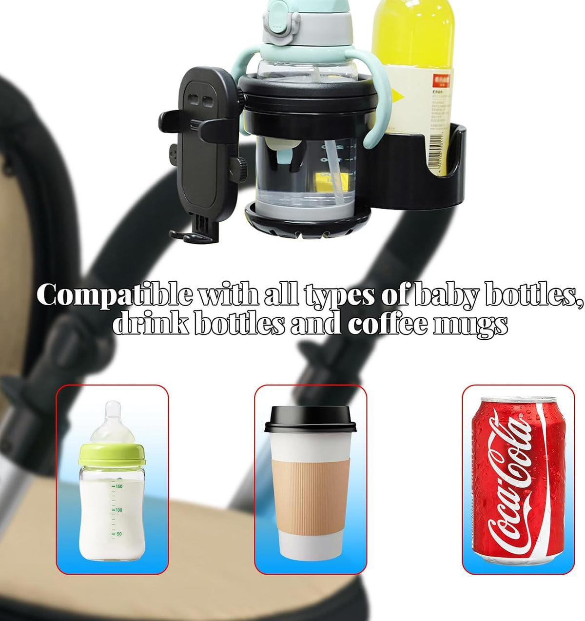 Stroller Cup Holder Attachment with Phone Holder, 3 in 1 Universal Baby Stroller, Bike, Wheelchair, Walker, Scooter Water Bottle Drink Holder Accessories for Most Donna, Uppababy, Bugaboo
