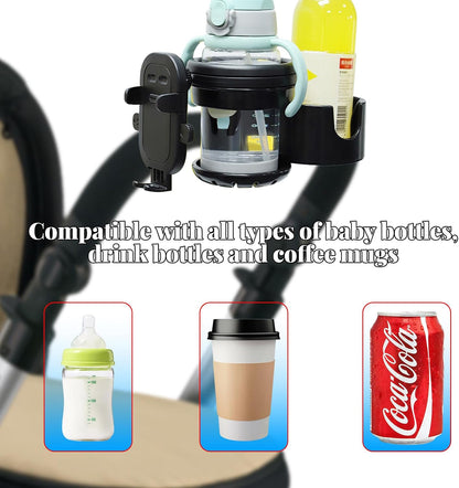 Stroller Cup Holder Attachment with Phone Holder, 3 in 1 Universal Baby Stroller, Bike, Wheelchair, Walker, Scooter Water Bottle Drink Holder Accessories for Most Donna, Uppababy, Bugaboo