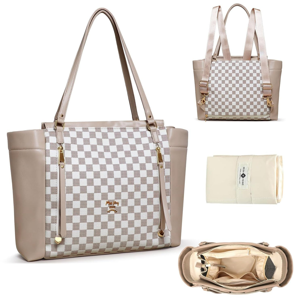 Checkered Diaper Bag Tote Leather Diaper Bag Backpack, Large Capacity Mommy Bag Hospital Bag, 12 Pockets Travel Diaper Tote with Changing Pad for Mom Plaid Tote Bag for Women-Beige&Honey