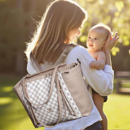 Checkered Diaper Bag Tote Leather Diaper Bag Backpack, Large Capacity Mommy Bag Hospital Bag, 12 Pockets Travel Diaper Tote with Changing Pad for Mom Plaid Tote Bag for Women-Beige&Honey