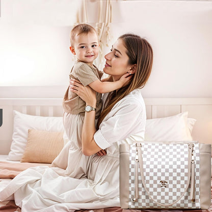Checkered Diaper Bag Tote Leather Diaper Bag Backpack, Large Capacity Mommy Bag Hospital Bag, 12 Pockets Travel Diaper Tote with Changing Pad for Mom Plaid Tote Bag for Women-Beige&Honey