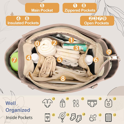 Checkered Diaper Bag Tote Leather Diaper Bag Backpack, Large Capacity Mommy Bag Hospital Bag, 12 Pockets Travel Diaper Tote with Changing Pad for Mom Plaid Tote Bag for Women-Beige&Honey