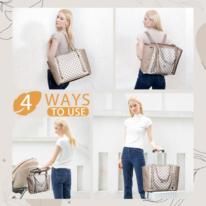 Checkered Diaper Bag Tote Leather Diaper Bag Backpack, Large Capacity Mommy Bag Hospital Bag, 12 Pockets Travel Diaper Tote with Changing Pad for Mom Plaid Tote Bag for Women-Beige&Honey