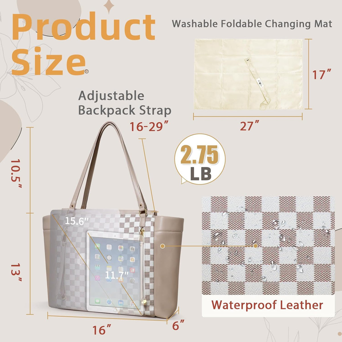 Checkered Diaper Bag Tote Leather Diaper Bag Backpack, Large Capacity Mommy Bag Hospital Bag, 12 Pockets Travel Diaper Tote with Changing Pad for Mom Plaid Tote Bag for Women-Beige&Honey