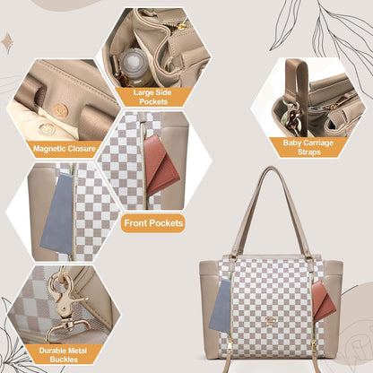 Checkered Diaper Bag Tote Leather Diaper Bag Backpack, Large Capacity Mommy Bag Hospital Bag, 12 Pockets Travel Diaper Tote with Changing Pad for Mom Plaid Tote Bag for Women-Beige&Honey