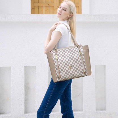 Checkered Diaper Bag Tote Leather Diaper Bag Backpack, Large Capacity Mommy Bag Hospital Bag, 12 Pockets Travel Diaper Tote with Changing Pad for Mom Plaid Tote Bag for Women-Beige&Honey