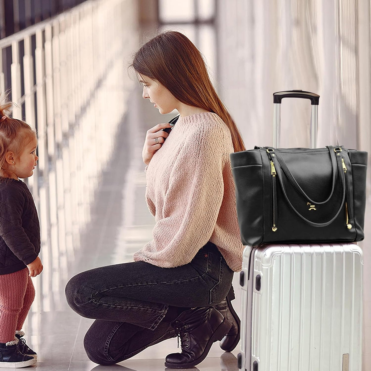Checkered Diaper Bag Tote Leather Diaper Bag Backpack, Large Capacity Mommy Bag Hospital Bag, 12 Pockets Travel Diaper Tote with Changing Pad for Mom Plaid Tote Bag for Women-Beige&Honey