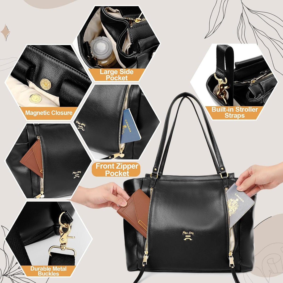 Checkered Diaper Bag Tote Leather Diaper Bag Backpack, Large Capacity Mommy Bag Hospital Bag, 12 Pockets Travel Diaper Tote with Changing Pad for Mom Plaid Tote Bag for Women-Beige&Honey