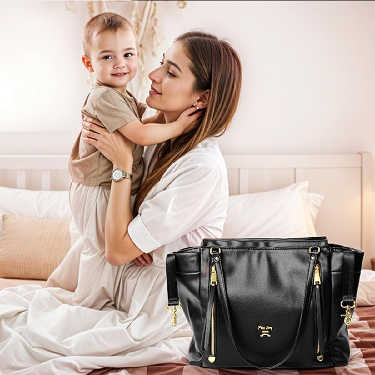 Checkered Diaper Bag Tote Leather Diaper Bag Backpack, Large Capacity Mommy Bag Hospital Bag, 12 Pockets Travel Diaper Tote with Changing Pad for Mom Plaid Tote Bag for Women-Beige&Honey