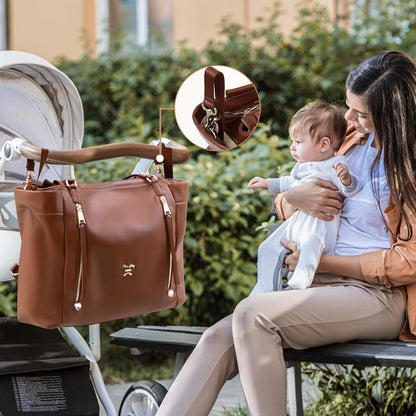 Checkered Diaper Bag Tote Leather Diaper Bag Backpack, Large Capacity Mommy Bag Hospital Bag, 12 Pockets Travel Diaper Tote with Changing Pad for Mom Plaid Tote Bag for Women-Beige&Honey