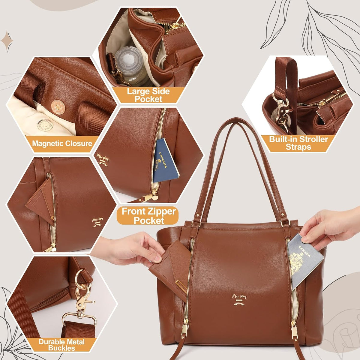 Checkered Diaper Bag Tote Leather Diaper Bag Backpack, Large Capacity Mommy Bag Hospital Bag, 12 Pockets Travel Diaper Tote with Changing Pad for Mom Plaid Tote Bag for Women-Beige&Honey