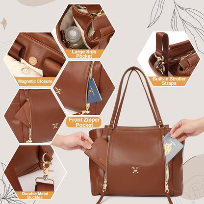 Checkered Diaper Bag Tote Leather Diaper Bag Backpack, Large Capacity Mommy Bag Hospital Bag, 12 Pockets Travel Diaper Tote with Changing Pad for Mom Plaid Tote Bag for Women-Beige&Honey