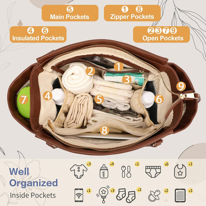 Checkered Diaper Bag Tote Leather Diaper Bag Backpack, Large Capacity Mommy Bag Hospital Bag, 12 Pockets Travel Diaper Tote with Changing Pad for Mom Plaid Tote Bag for Women-Beige&Honey