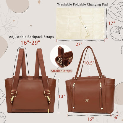 Checkered Diaper Bag Tote Leather Diaper Bag Backpack, Large Capacity Mommy Bag Hospital Bag, 12 Pockets Travel Diaper Tote with Changing Pad for Mom Plaid Tote Bag for Women-Beige&Honey