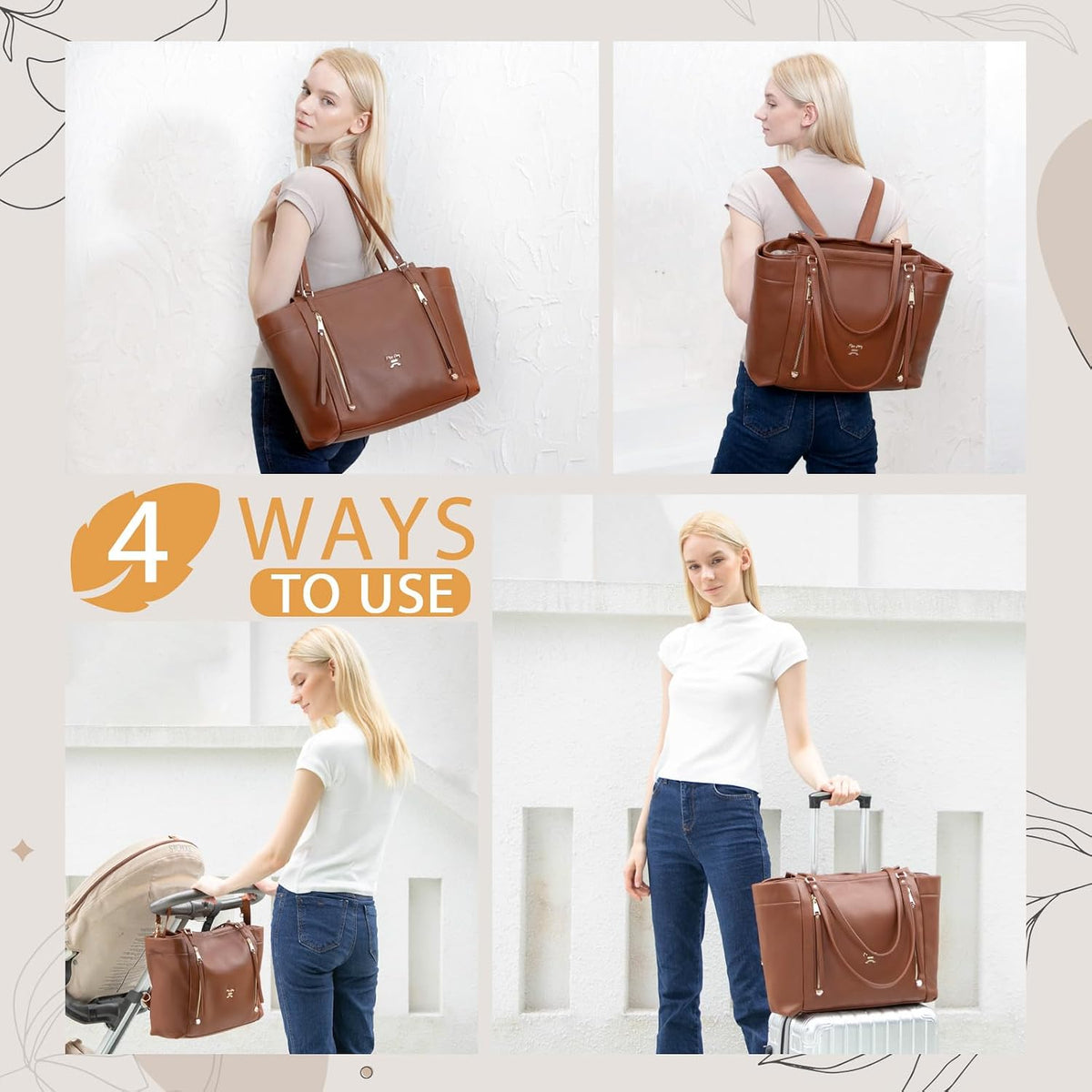 Checkered Diaper Bag Tote Leather Diaper Bag Backpack, Large Capacity Mommy Bag Hospital Bag, 12 Pockets Travel Diaper Tote with Changing Pad for Mom Plaid Tote Bag for Women-Beige&Honey