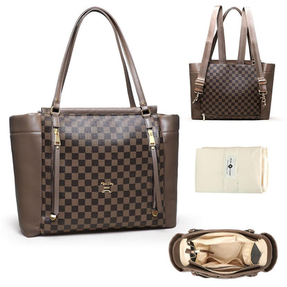 Checkered Diaper Bag Tote Leather Diaper Bag Backpack, Large Capacity Mommy Bag Hospital Bag, 12 Pockets Travel Diaper Tote with Changing Pad for Mom Plaid Tote Bag for Women-Beige&Honey
